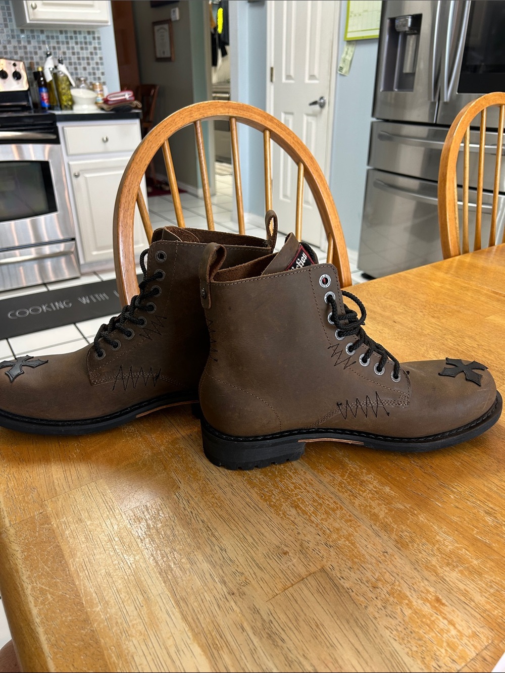 Affliction Brown Leather Lace-Up Moto Boots with Black Cross Accents - Picture 4 of 6